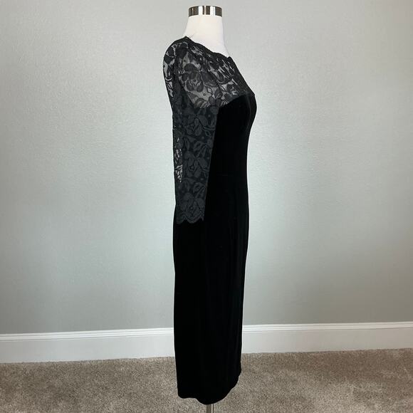 Eliza J Velvet and Lace Midi Sheath Cocktail Dress Size 6 Black 3/4 Long Sleeve - Picture 4 of 13